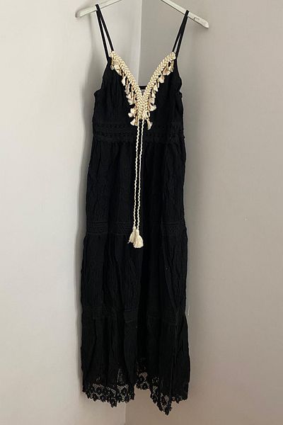 AYASOFYA OTANTIK Women's Italian Black Adjustable Rope Strap Tassel Detailed Lined Midi Lace Dress