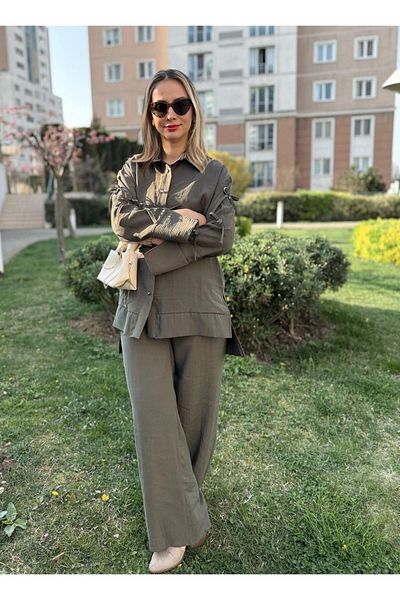 Cardella Modal Fabric Sleeves Bow and Stone Detailed Double Suit Hijab Matching Tunic Shirt and Pants Double