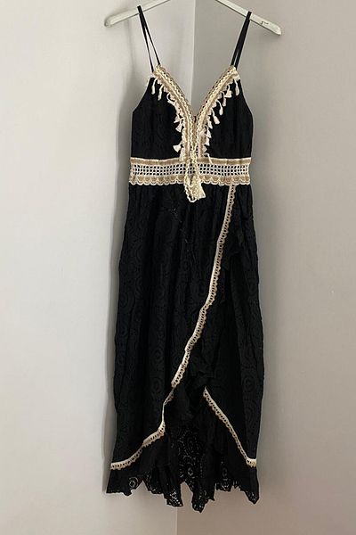 AYASOFYA OTANTIK Women's Italian Black Adjustable Rope Strap Tassel Detailed Lined Lace Dress