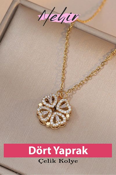 Nehir Four Leaf Clover Heart Steel Love Necklace, Heart Pendant with Chain