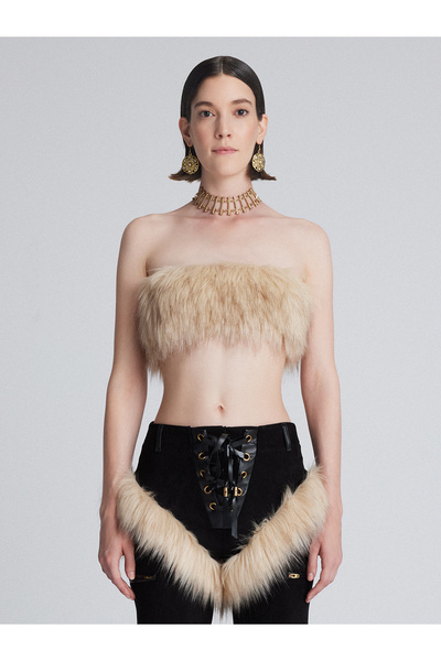 LARA ARI Peluş Kürk Korse Bağcıklı Askısız Kısa Üst