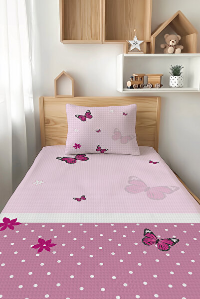 Talia Home Pembe Kelebek Desenli Tek Kişilik Çocuk Pike Takımı TLAP-206