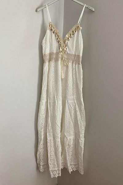 AYASOFYA OTANTIK Rochie de damă, albă italiană, cu bretele ajustabile, căptușită, din dantelă, cu detaliu cu ciucuri