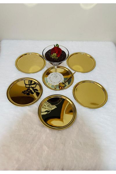 BİMOTE Gold Stainless 6Pcs Reversed Taperic with Diamonds 16 cm Round Serving Trays