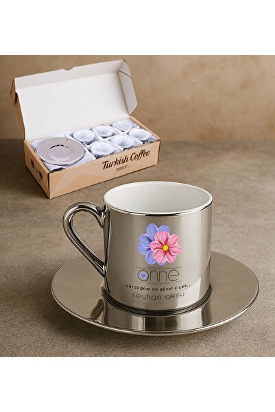 Bk Gift Kişiye Özel Anneler Günü Tasarımlı Porselen Metalik Gümüş Kahve Finca...