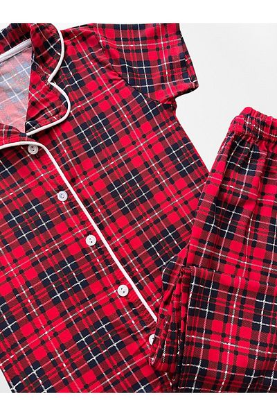 Pijamakids Girl's Milan Fabric Lycra Red Plaid Pattern Shirt Collar Piping Short Sleeve Buttoned Pajama Set