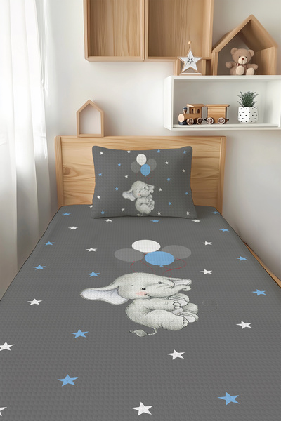 Talia Home طقم بيكيه للأطفال منفرد بنمط الفيل باللون الرمادي TLAP-285