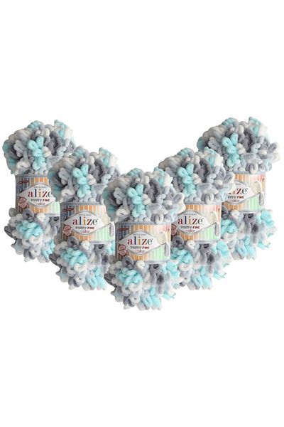 Alize Pachet de 5 fire de tricotat manual Puffy Fine Color - 5939 Albastru Gri - 100 Gr. 14,5 Mt. Ață de tricotat cu degetele