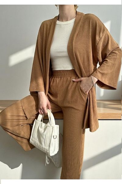 fh fashionhere طقم كيمونو نسائي من قماش القطني مع بنطلون (مقاس S-M-L قياسي)