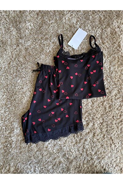 DRESSY LIFE Kalp Desenli Siyah Askılı Bambu Kumaş Kadın Pijama Takımı