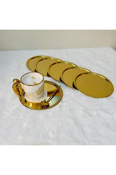 BİMOTE 6'lı Gold Paslanmaz Çelik 16. cm Yuvarlak Çay, Kahve, Pasta Servis Tepsisi Dekoratif Sunum Tepsisi