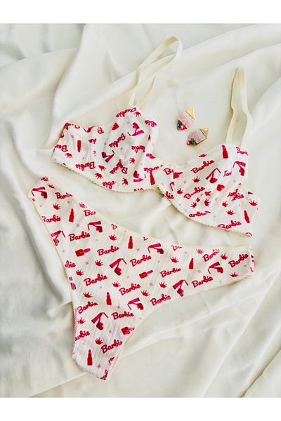 İNKO İÇ GİYİM Patterned Underwire Cotton Combed Bra Set (Bra Thong)