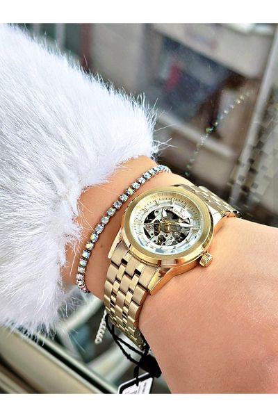 Raymond Silver Color Steel Case Cord Skeleton Business Automatic Women Wristwatch + Bracelet