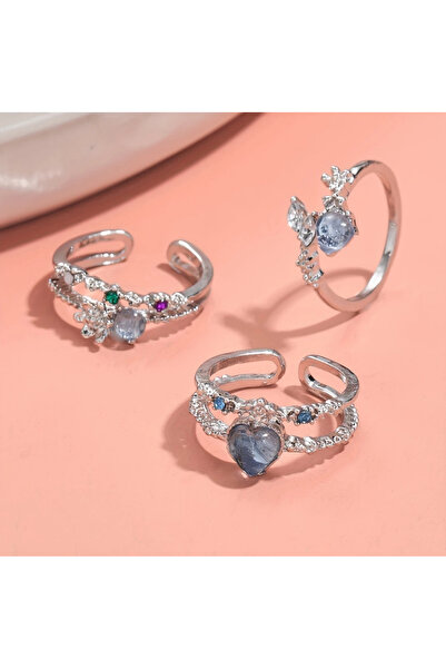 Takıtolia Luna 3 Adet Gümüş Aytaşı Romantik Zirkon Taşlı Parlak Ayarlanabilir Tasarım Çoklu Silver Yüzük Seti