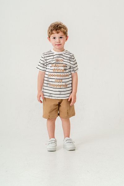Titimixkids Boy's Striped T-Shirt Shorts Bottom Top Summer Double Set Light Brown