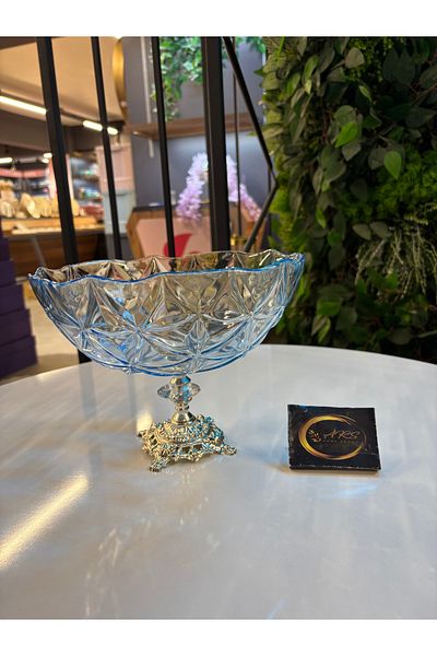 Paşabahçe ARS Paşabahçe Metal Silver Pedestal, Colorful Blue Big Bowl, Presentation Holder, Pedestal Bowl, Deep Salad Bowl