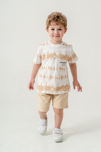 Titimixkids Boy's Fashion Design T-Shirt Shorts Bottom Top Summer Double Set Beige