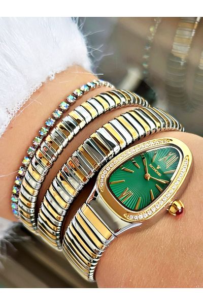 Raymond Gold Silver Color Steel Case Cord Snake Model Stone Business Women Wristwatch + Bracelet