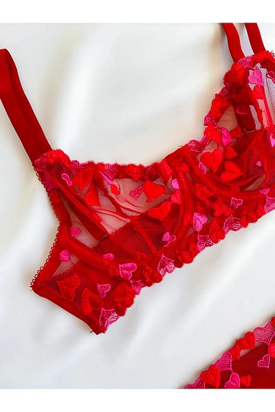 simya fashion Women's Heart Red Lace Underwire Bra Panty Set