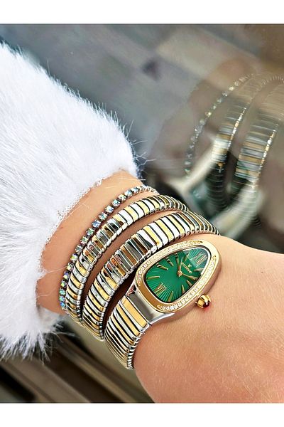 Raymond Gold Silver Color Steel Case Cord Snake Model Stone Business Women Wristwatch + Bracelet