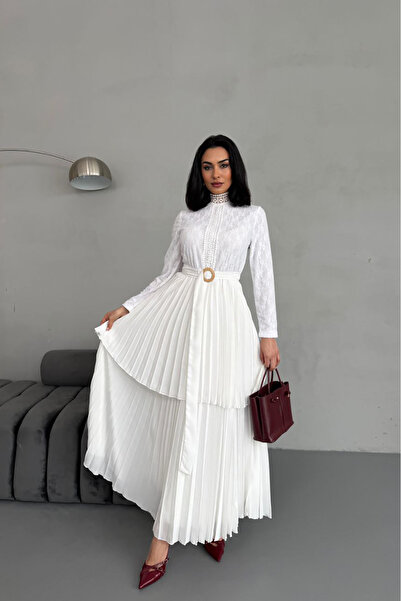 Neşeli Butik rochie lungă cu curea detaliată din dantelă din țesătură creponată NBMS2525