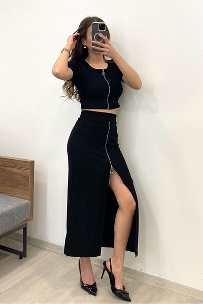 Nazline Women's Zipper Detailed Skirt Blouse Bottom Top 2 Piece Set