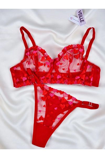 simya fashion Women's Heart Red Lace Underwire Bra Panty Set