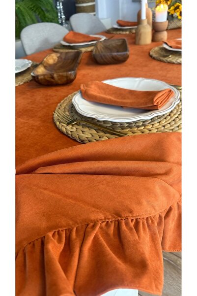 Decamor home Velvet Textured Vintage Ruffled Tile Color Tablecloth Stain-Free and Easy to Clean (Not Including Nappe)