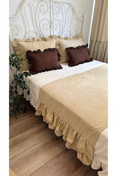 Decamor home Beige Double Layered Ruffle Bed Runner Set Double Size 3 Pieces (Bed Cover Not Included)