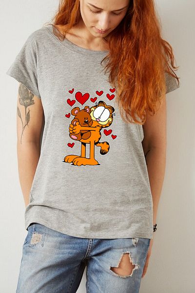 makiteks Μπλουζάκι Garfield με στάμπα με λαιμόκοψη - Γυναικεία-Unisex Λευκό-Μαύρο-Γκρι