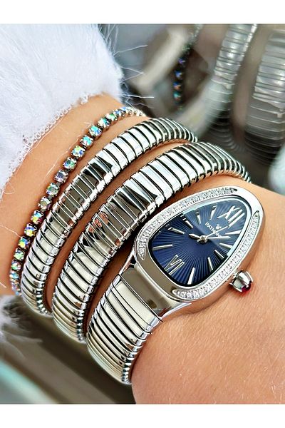 Raymond Silver Color Steel Case Cord Snake Model Stone Business Women's Wristwatch + Bracelet