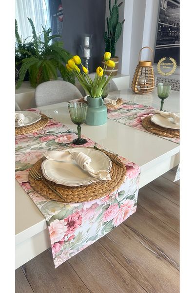 Decamor home Floral Patterned Stain-Proof Pink Ecru Runner 1 Piece