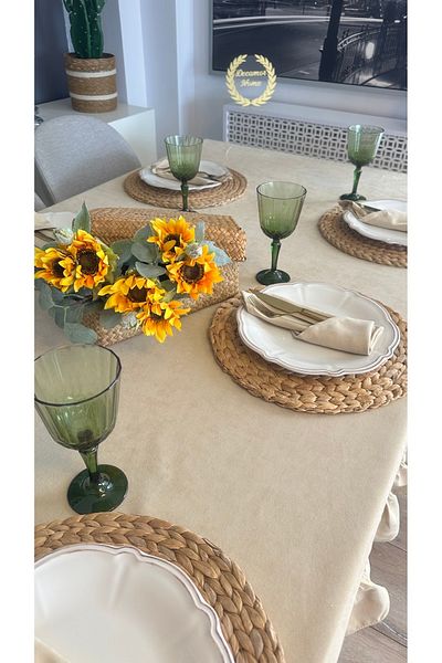 Decamor home Velvet Textured Vintage Frilly Beige Color Table Cloth Carefree Stain Resistant