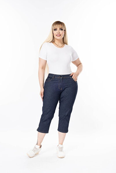 Era Lisa Büyük Beden Likralı Lacivert Klasik Kot Kapri