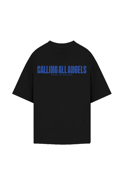 Calling All Angels Black T-shirt with Blue Logo