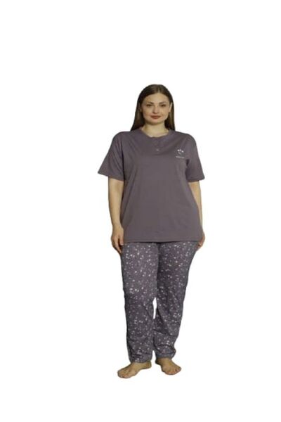 Işılay طقم بيجامة نسائي كبير الحجم من الفسكوز باللون الأرجواني بأكمام قصيرة و...