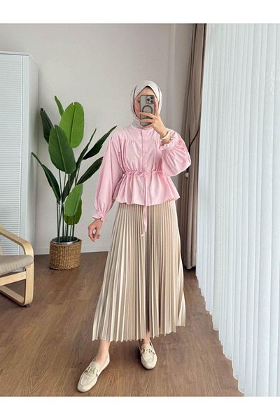 Trenddolabı Women's Skirt Top with Tunnel Waist Hijab Short Shirt Pink