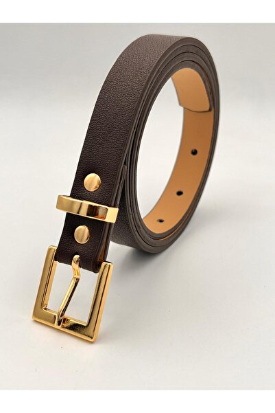 MODAM HİFA Bitter Brown 2 cm Blind Gold Buckle Women's Belt Trouser Belt Dress Belt Shirt Belt
