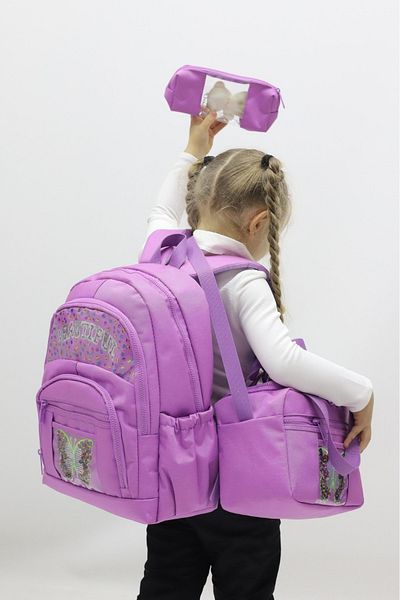 Probag Set de 3 genți de școală pentru fete cu tematică fluture - rucsac + cutie termică pentru prânz + suport pentru stilou