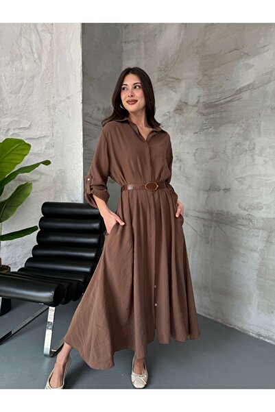 Elif Özbey Butik Kahve Kemerli Gömlek Elbise