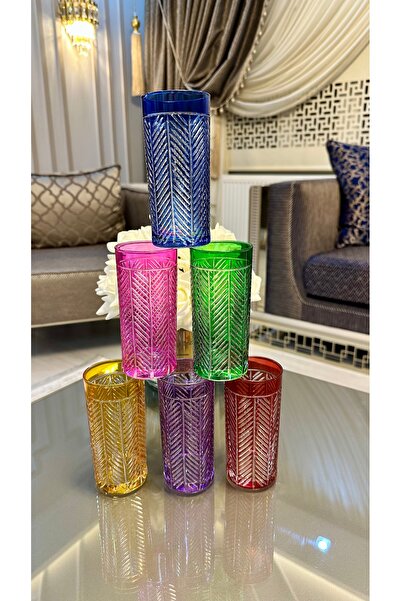 Vakıf home 6 Adet Renkli Kesme El İşi Ahenk Model Meşrubat Kahve Yanı Su Bardağı