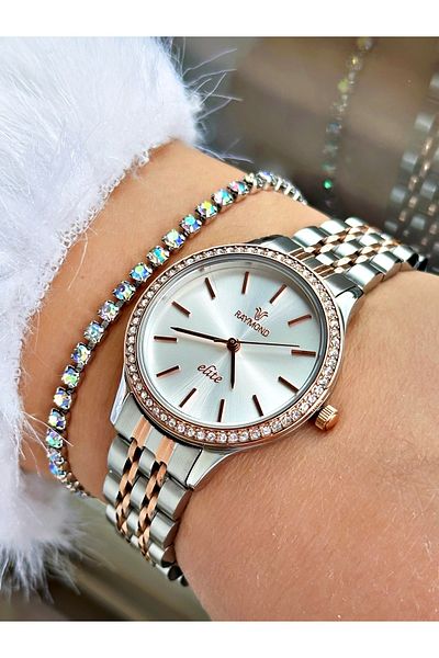 Raymond Rose Gold Silver Color Stone Model Classic Women's Wristwatch + Bracelet