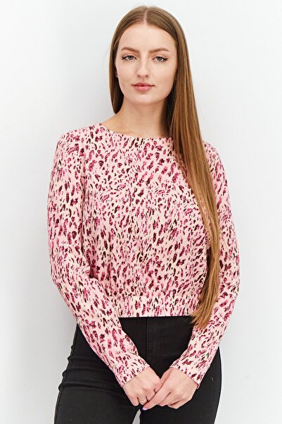 MOHITO Women Round Neck Long Sleeve Animal Print Tie Back Strap Blouse, Pink ...