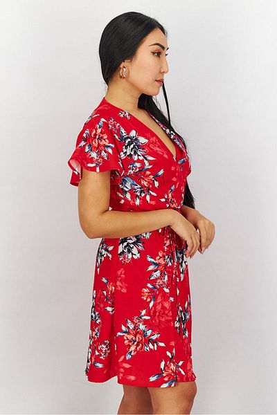 French Connection Women Surplice Neckline Short Sleeve Floral Printed Mini Dress, Red