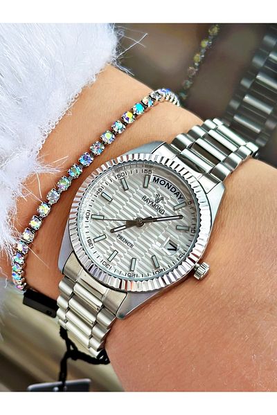 Raymond Silver Color Classic Model Steel Case Cord Women Wristwatch + Bracelet