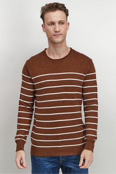 Club Room Men Crew Neck Striped Long Sleeve Sweater, Brown And White Combo