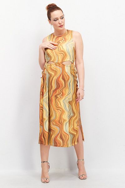 NA-KD Women Cut Out Drawstring Allover Print Midi Dress, Yellow Combo