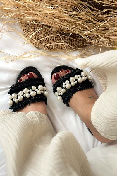 Shoebutik Mila Black Denim Pearl Detail Women's Slippers