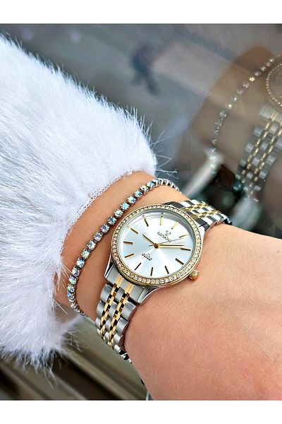 Raymond Gold Gold Silver Color Stone Model Classic Women's Wristwatch + Bracelet