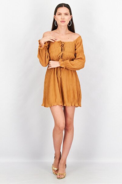 NA-KD Women Off Shoulder Marie Sleeve Textured Mini Dress, Tan
